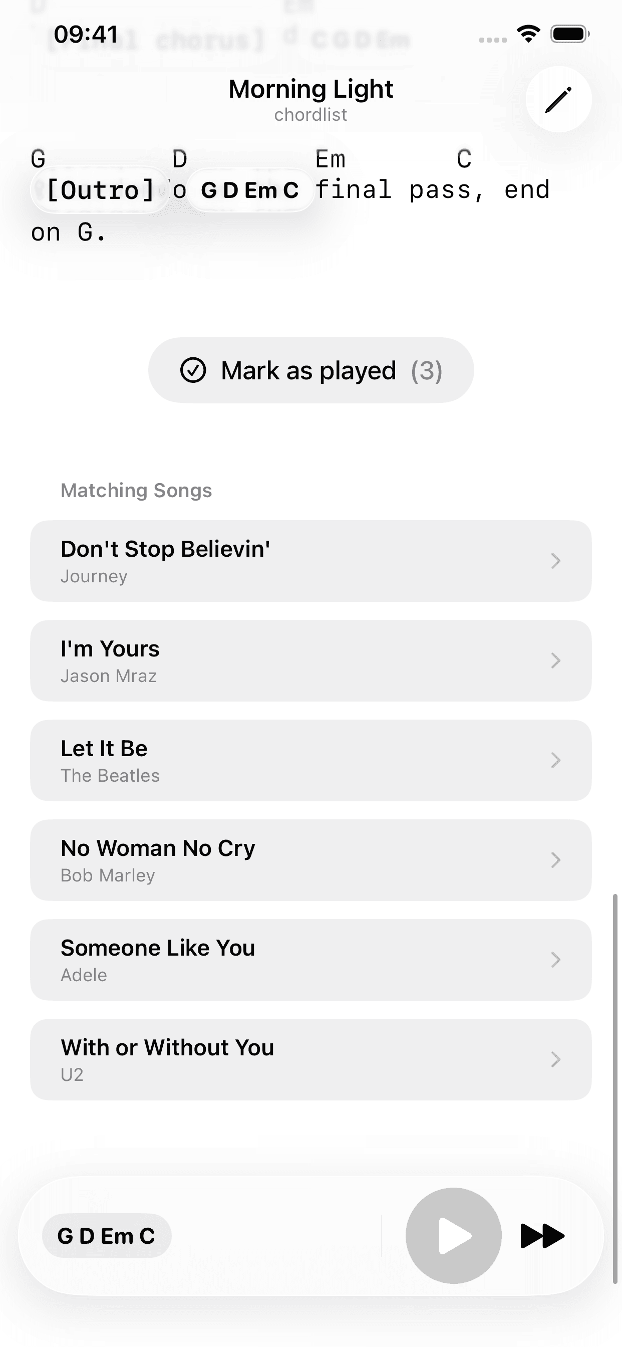 Matching songs