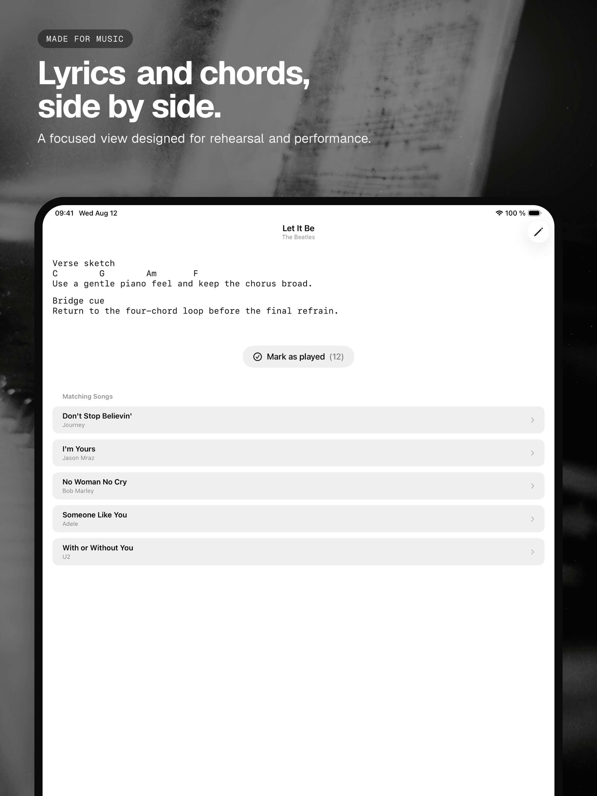 03 · Lyrics and chords, side by side., from the analog 13-inch iPad App Store screenshot set.