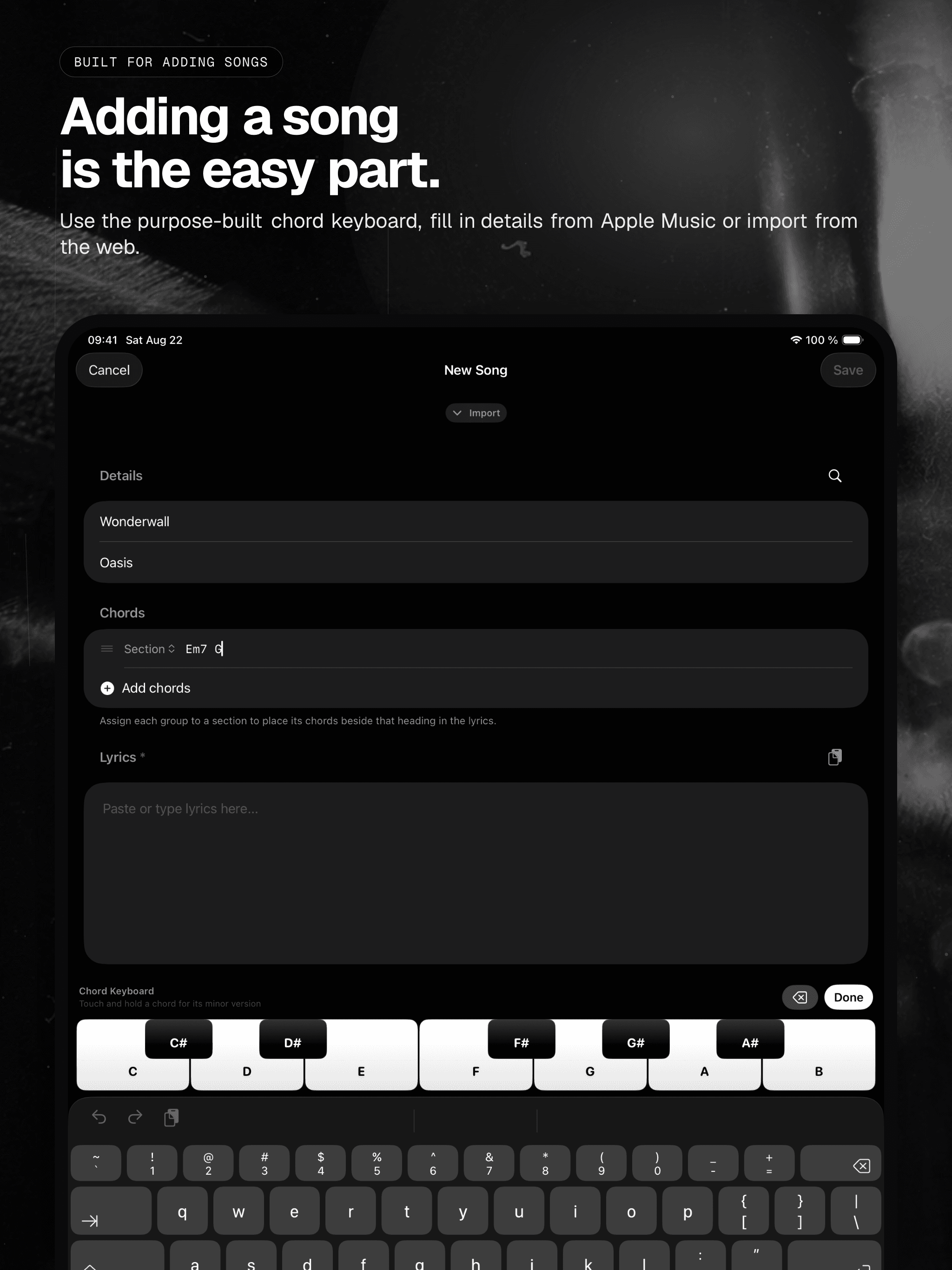 04 · Adding a song is the easy part., from the English analog 13-inch iPad App Store screenshot set.