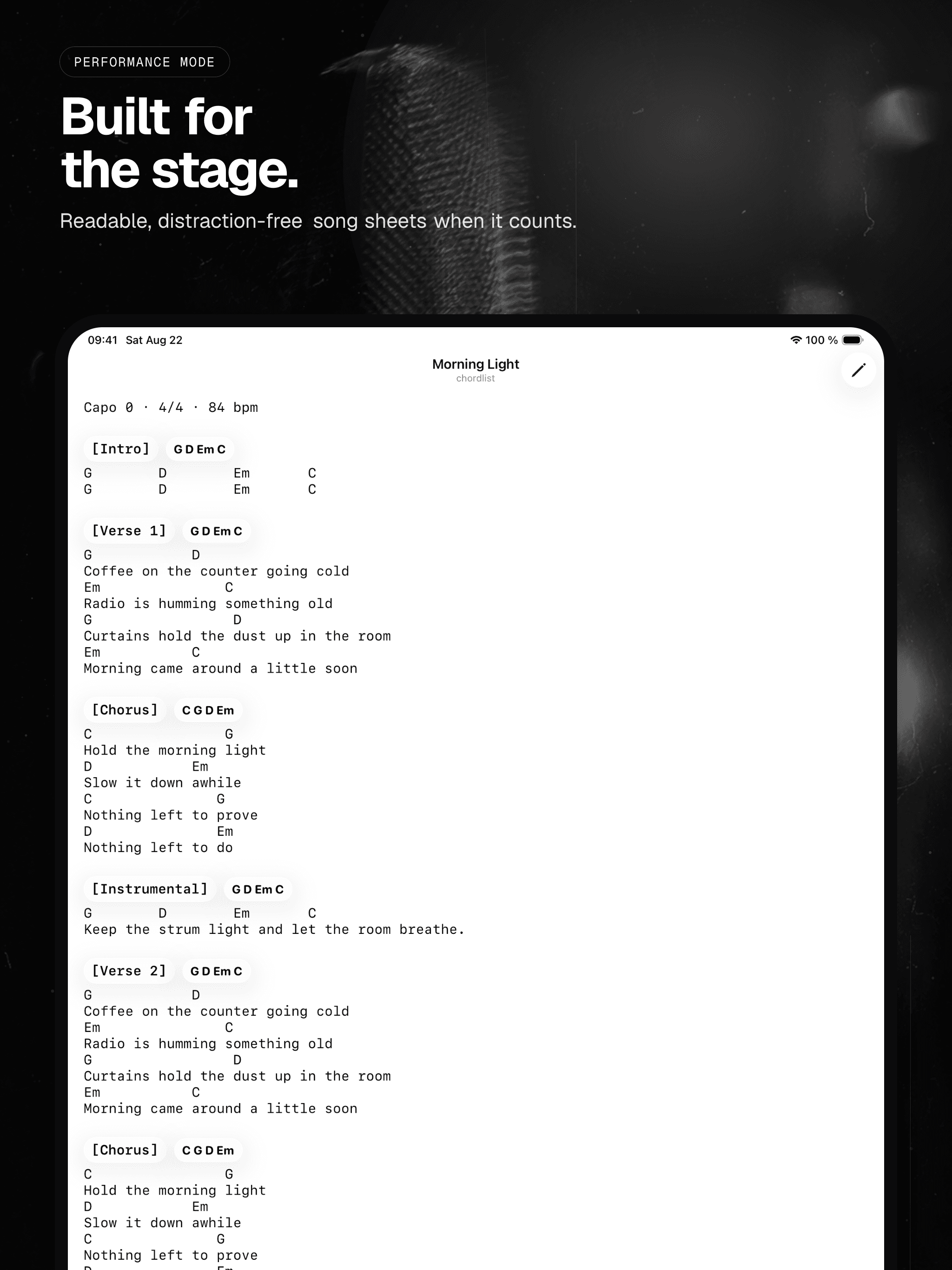 05 · Built for the stage., from the English analog 13-inch iPad App Store screenshot set.