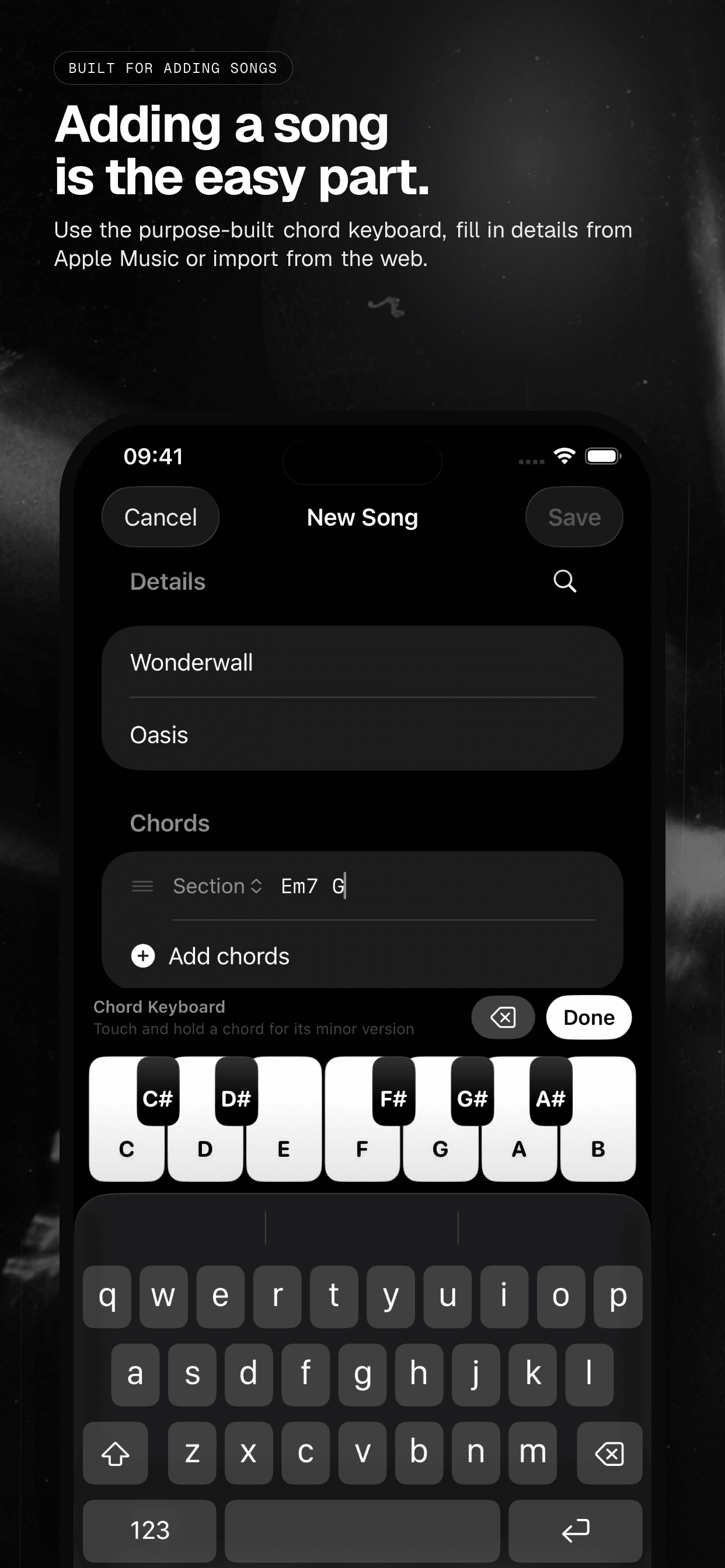 04 · Adding a song is the easy part., from the English analog 6.5-inch iPhone App Store screenshot set.