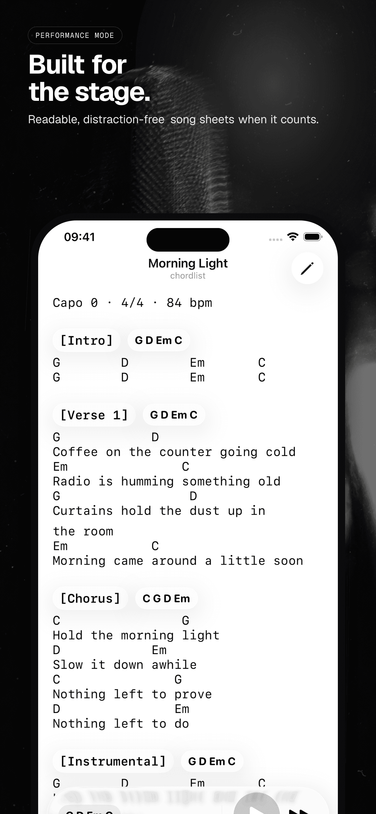 05 · Built for the stage., from the English analog 6.5-inch iPhone App Store screenshot set.