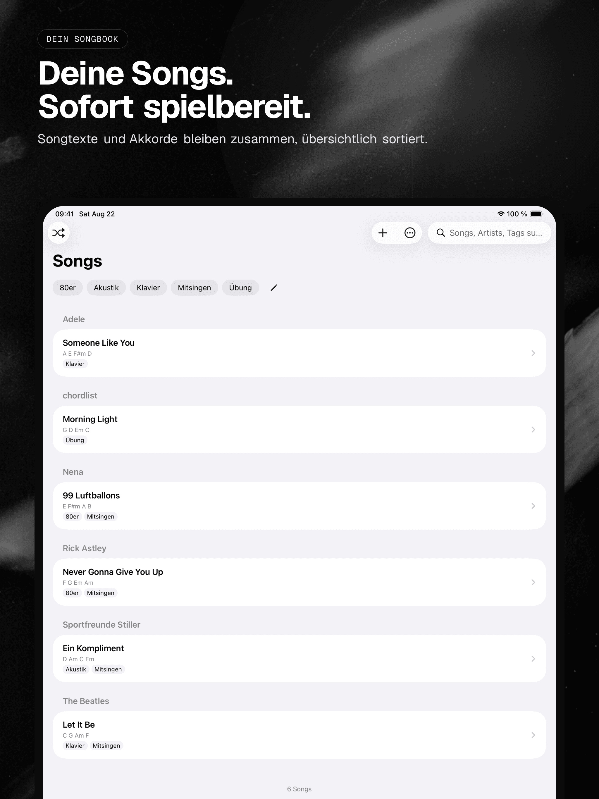 01 · Deine Songs. Sofort spielbereit., from the German analog 13-inch iPad App Store screenshot set.