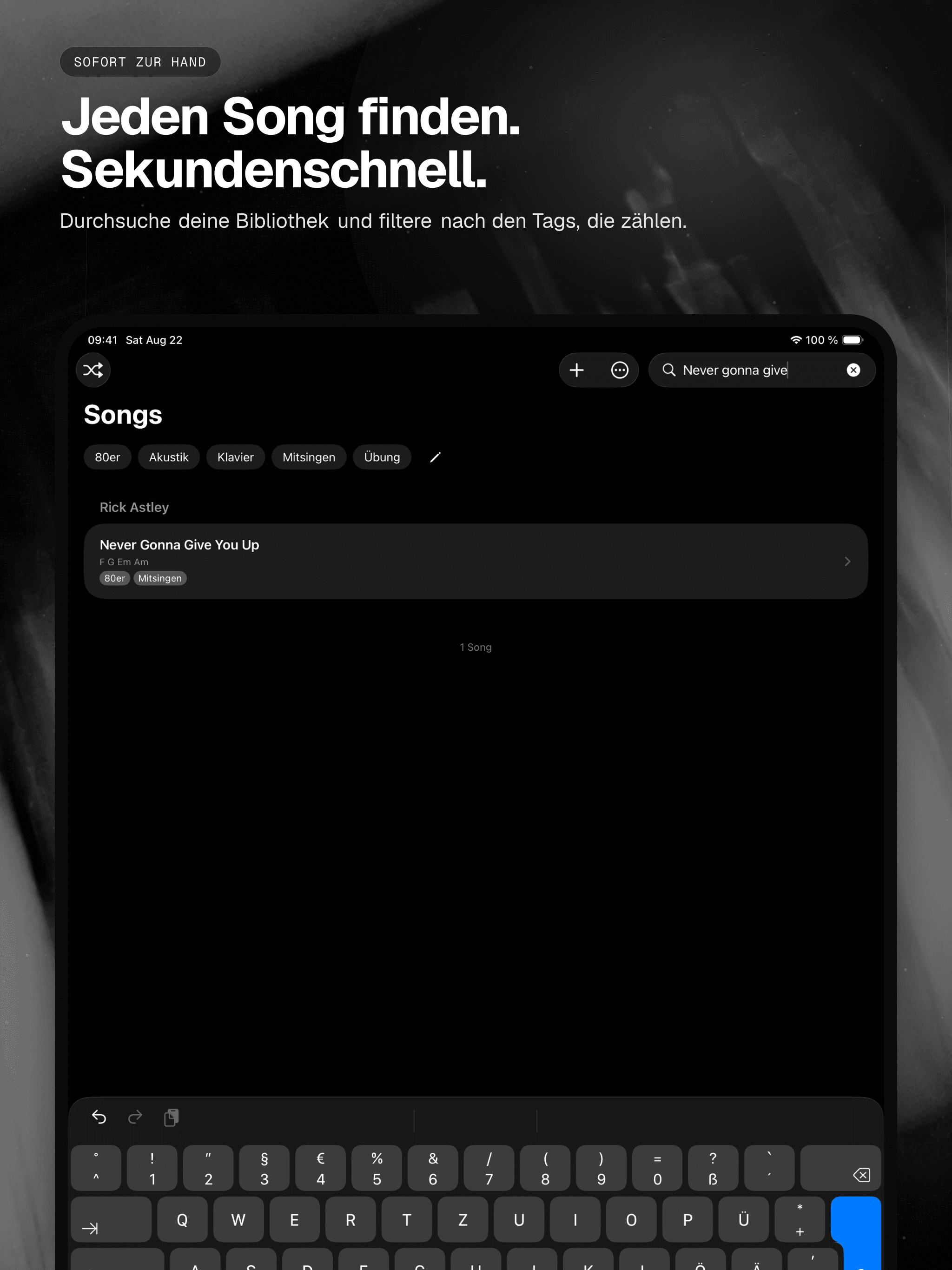 02 · Jeden Song finden. Sekundenschnell., from the German analog 13-inch iPad App Store screenshot set.