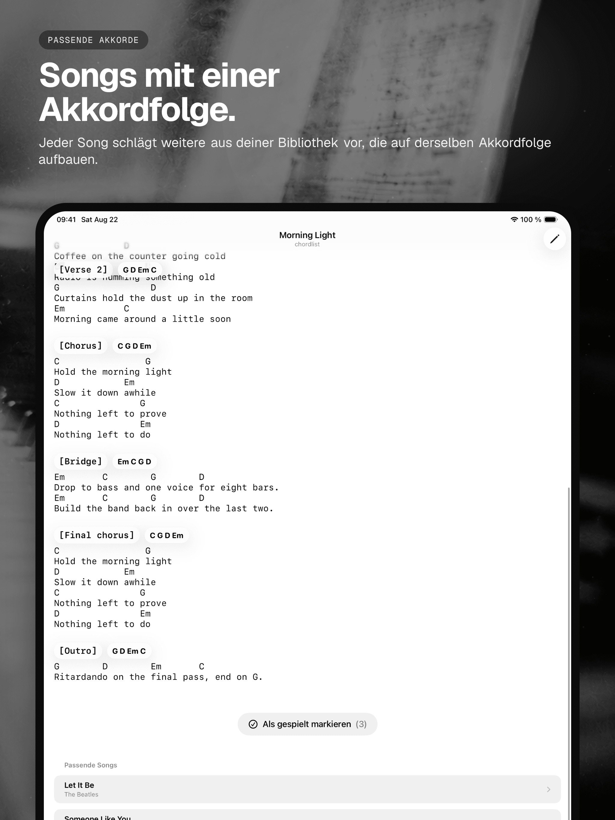 03 · Songs mit einer Akkordfolge., from the German analog 13-inch iPad App Store screenshot set.