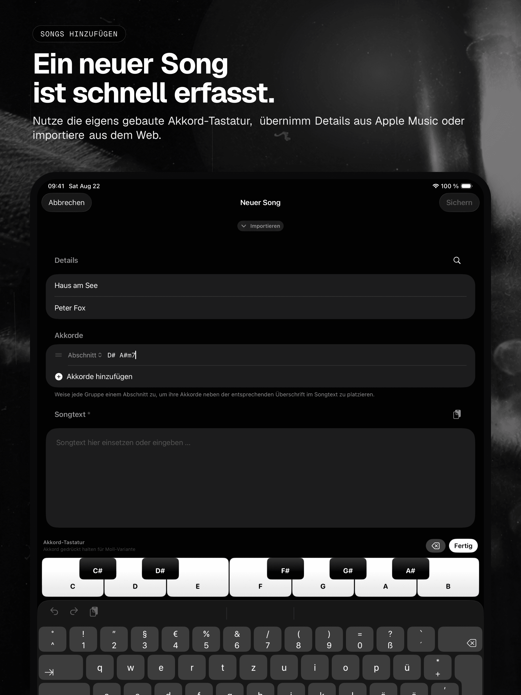 04 · Ein neuer Song ist schnell erfasst., from the German analog 13-inch iPad App Store screenshot set.