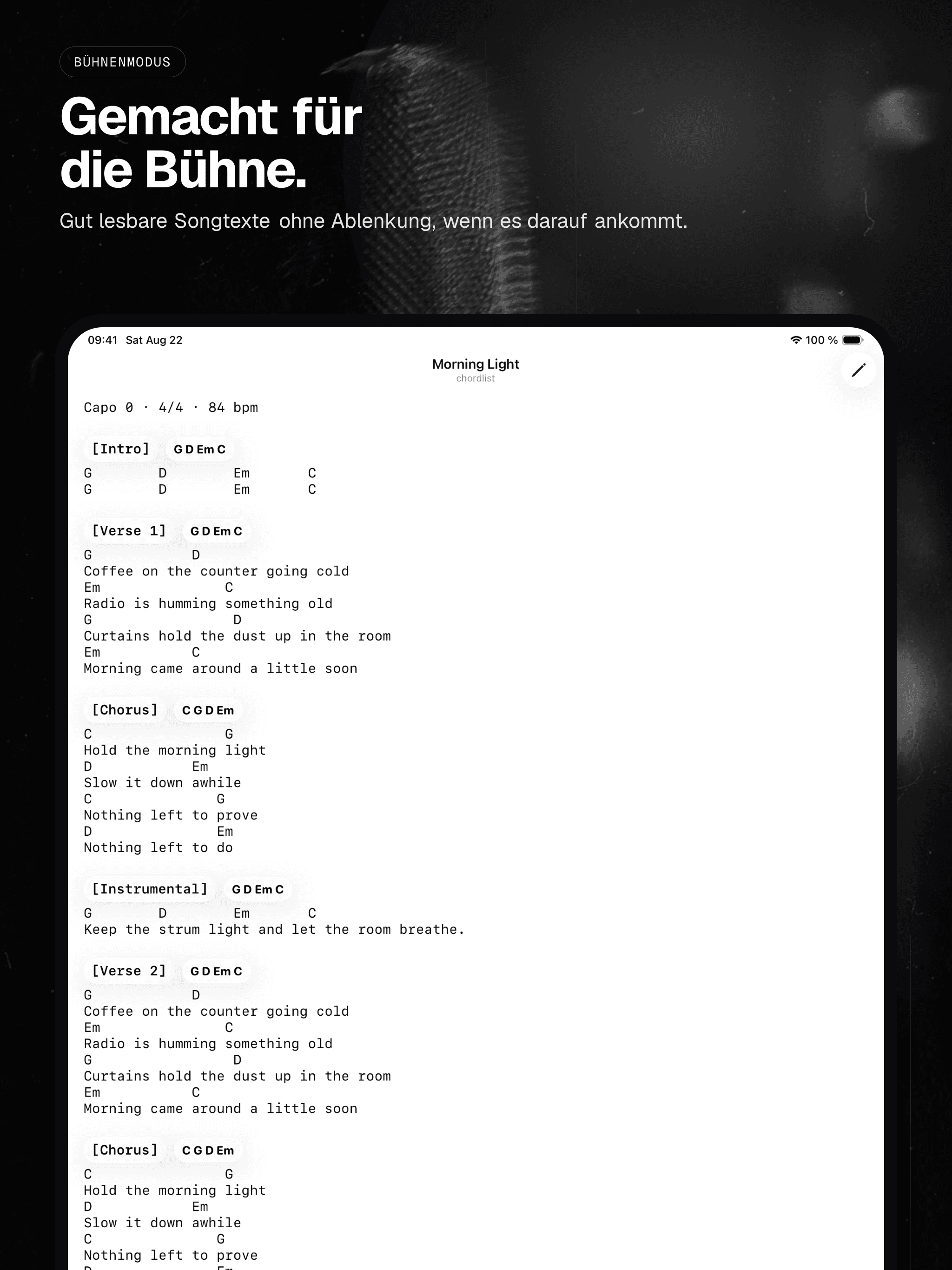 05 · Gemacht für die Bühne., from the German analog 13-inch iPad App Store screenshot set.
