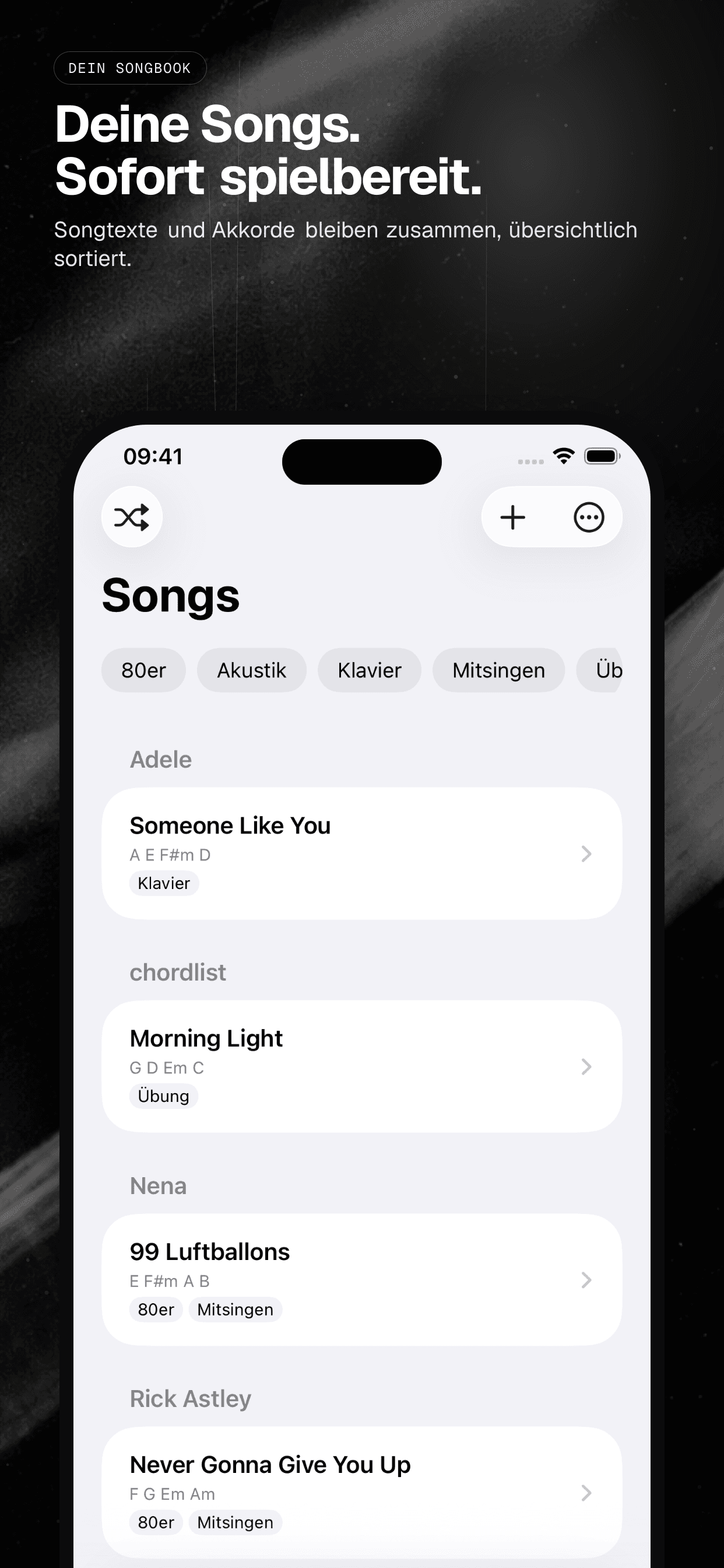 01 · Deine Songs. Sofort spielbereit., from the German analog 6.5-inch iPhone App Store screenshot set.