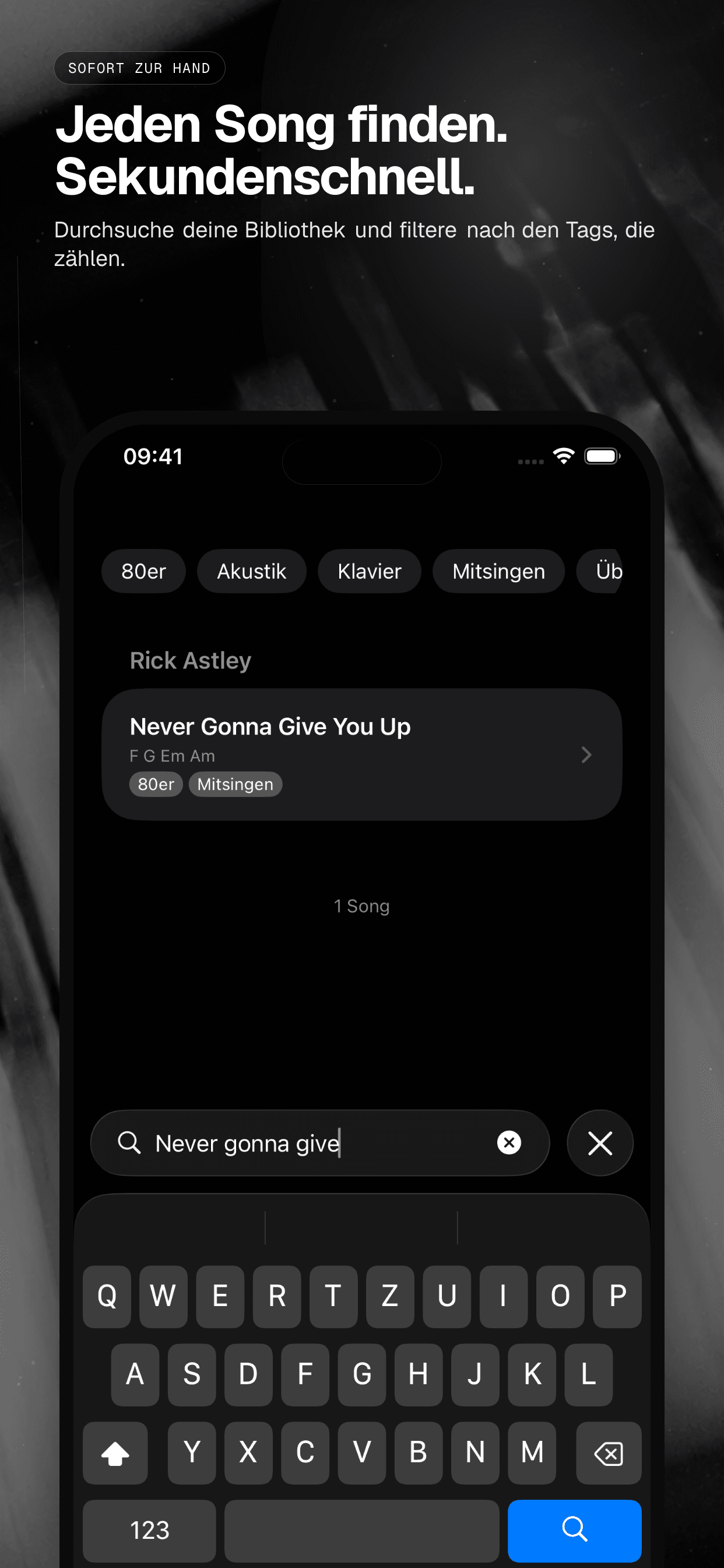 02 · Jeden Song finden. Sekundenschnell., from the German analog 6.5-inch iPhone App Store screenshot set.