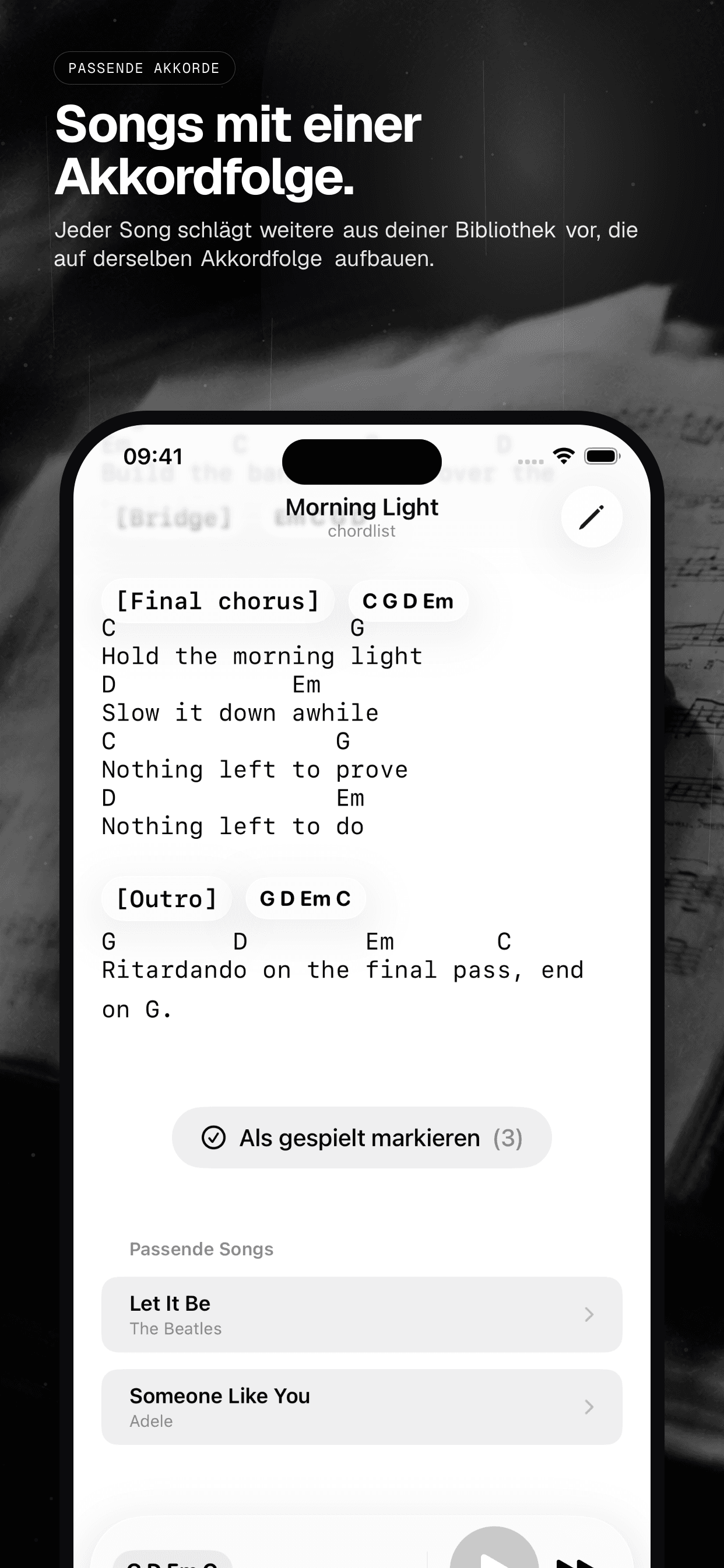 03 · Songs mit einer Akkordfolge., from the German analog 6.5-inch iPhone App Store screenshot set.