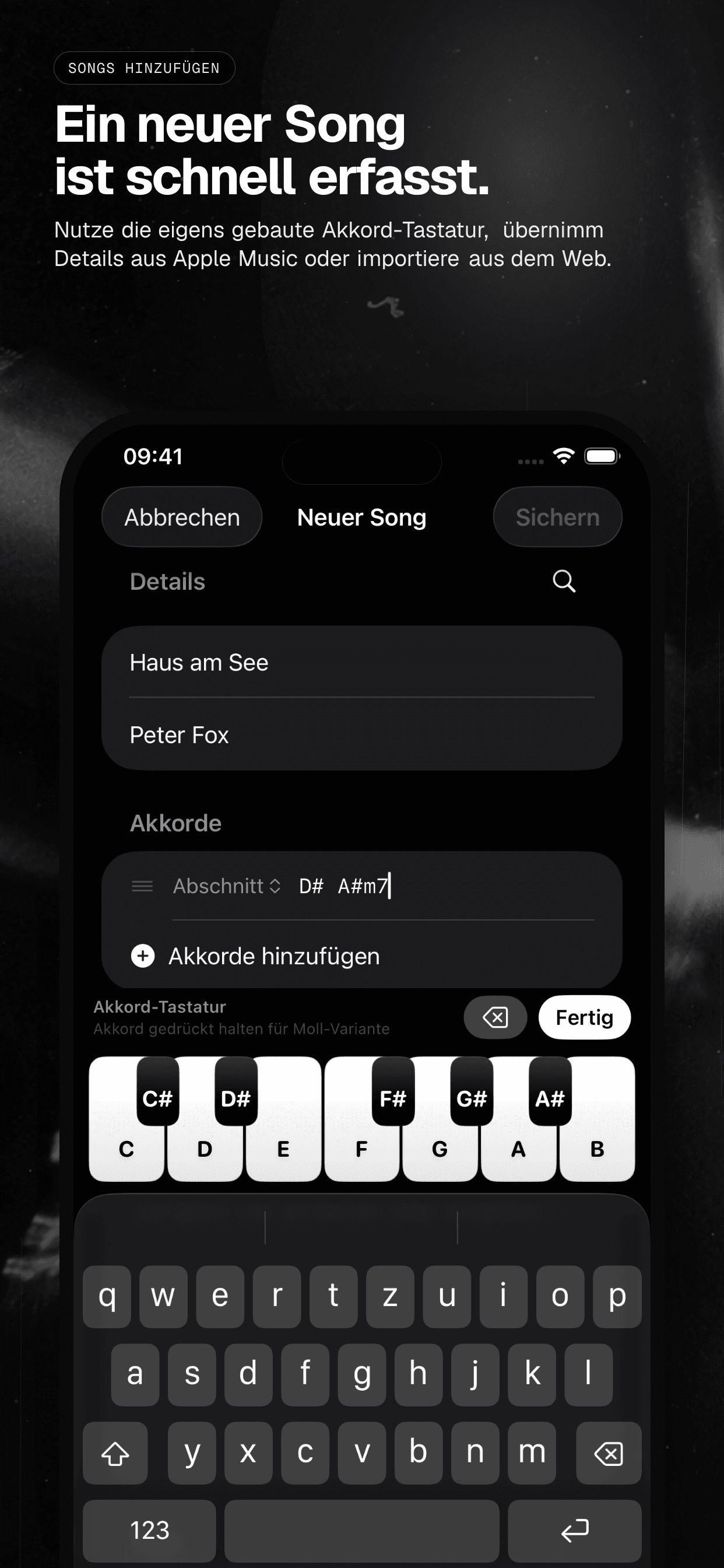 04 · Ein neuer Song ist schnell erfasst., from the German analog 6.5-inch iPhone App Store screenshot set.