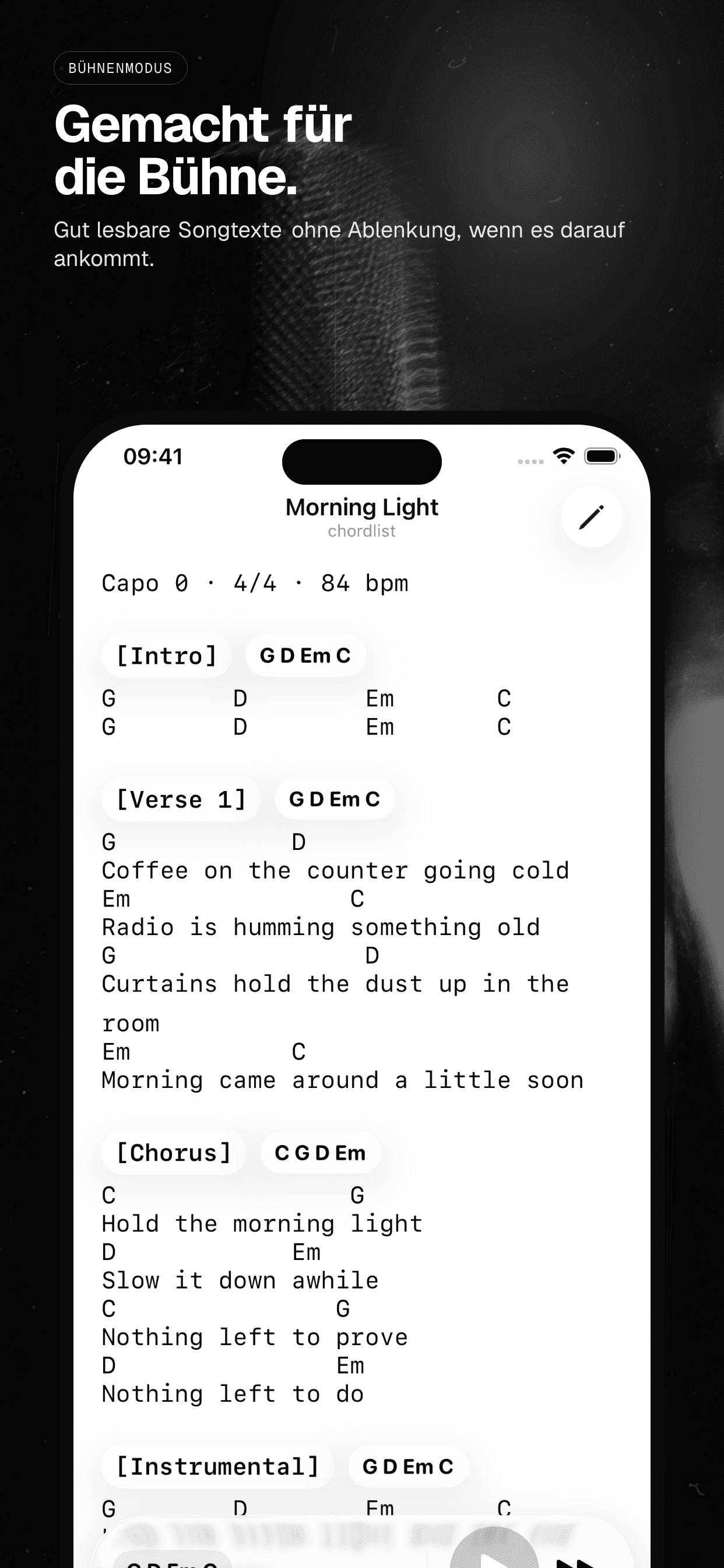 05 · Gemacht für die Bühne., from the German analog 6.5-inch iPhone App Store screenshot set.