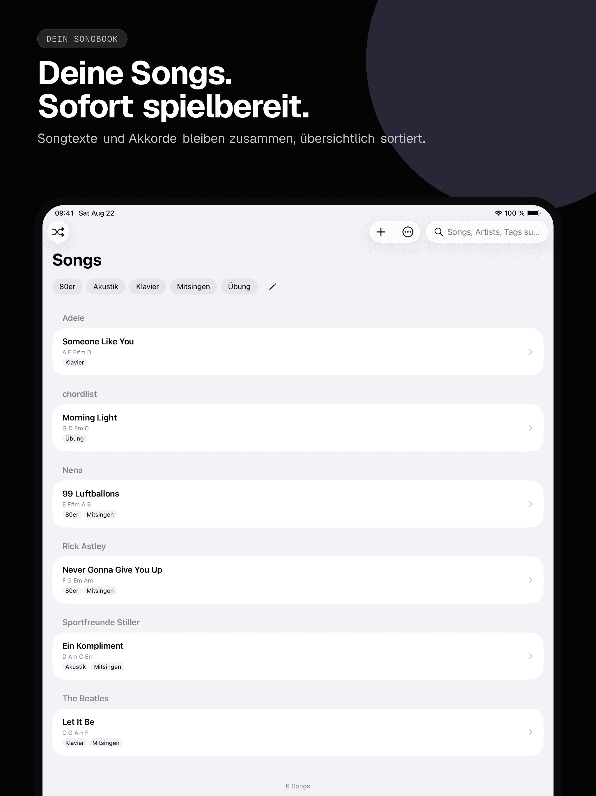 01 · Deine Songs. Sofort spielbereit., from the German classic 13-inch iPad App Store screenshot set.
