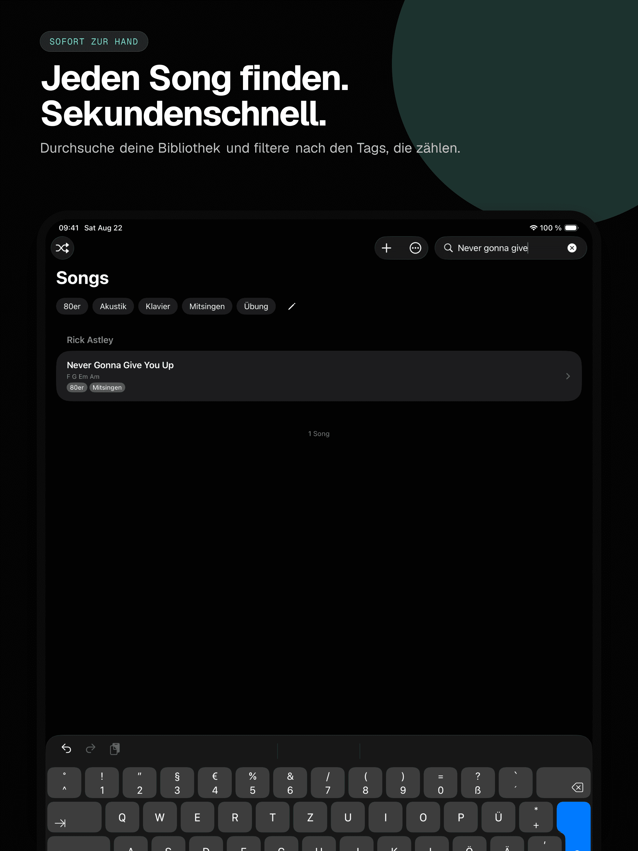 02 · Jeden Song finden. Sekundenschnell., from the German classic 13-inch iPad App Store screenshot set.