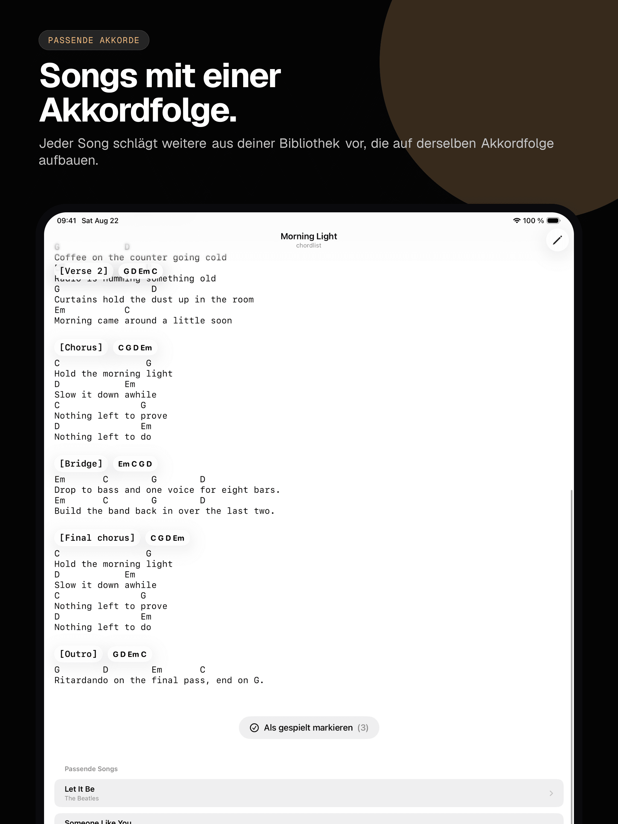 03 · Songs mit einer Akkordfolge., from the German classic 13-inch iPad App Store screenshot set.