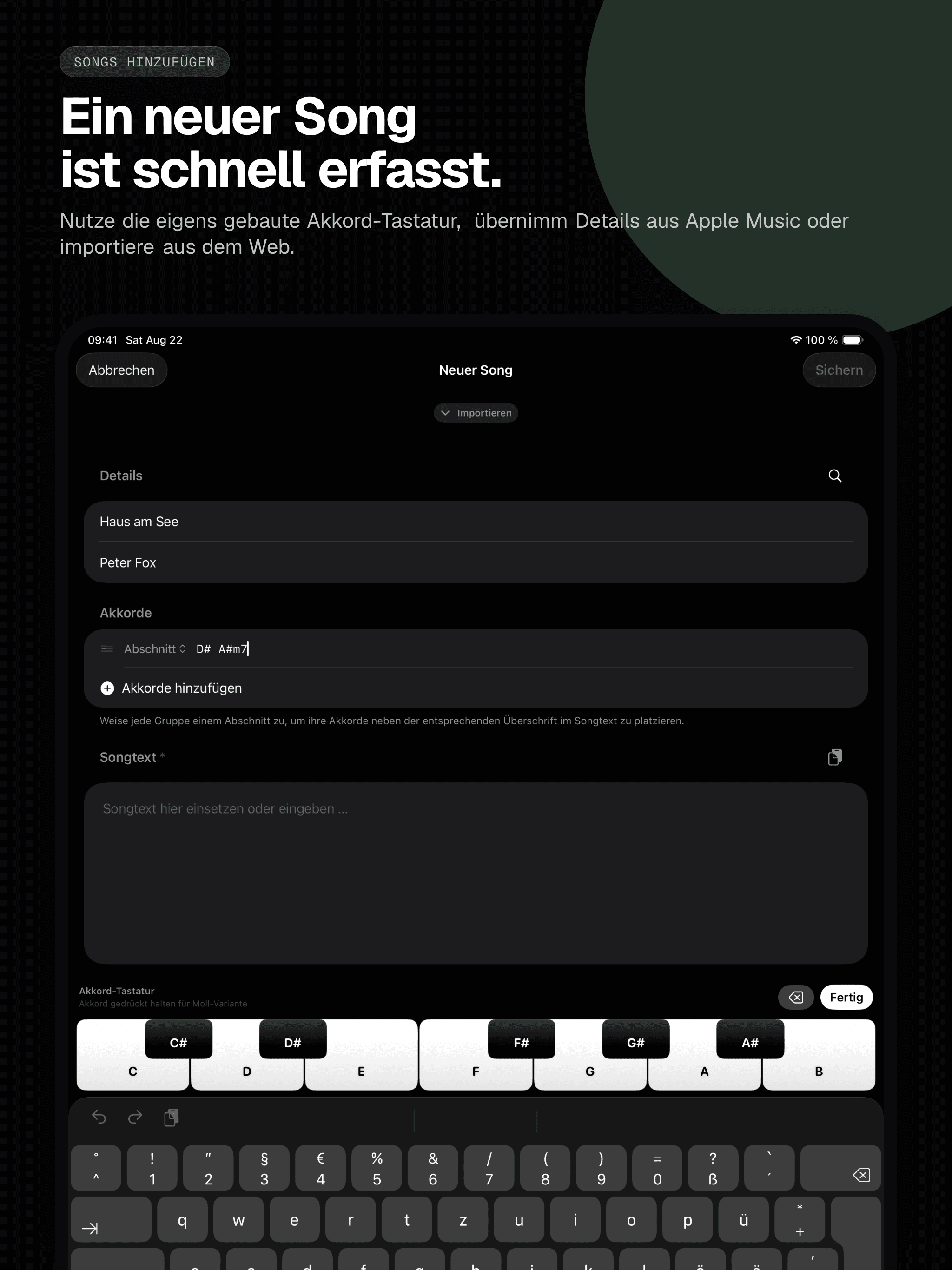 04 · Ein neuer Song ist schnell erfasst., from the German classic 13-inch iPad App Store screenshot set.
