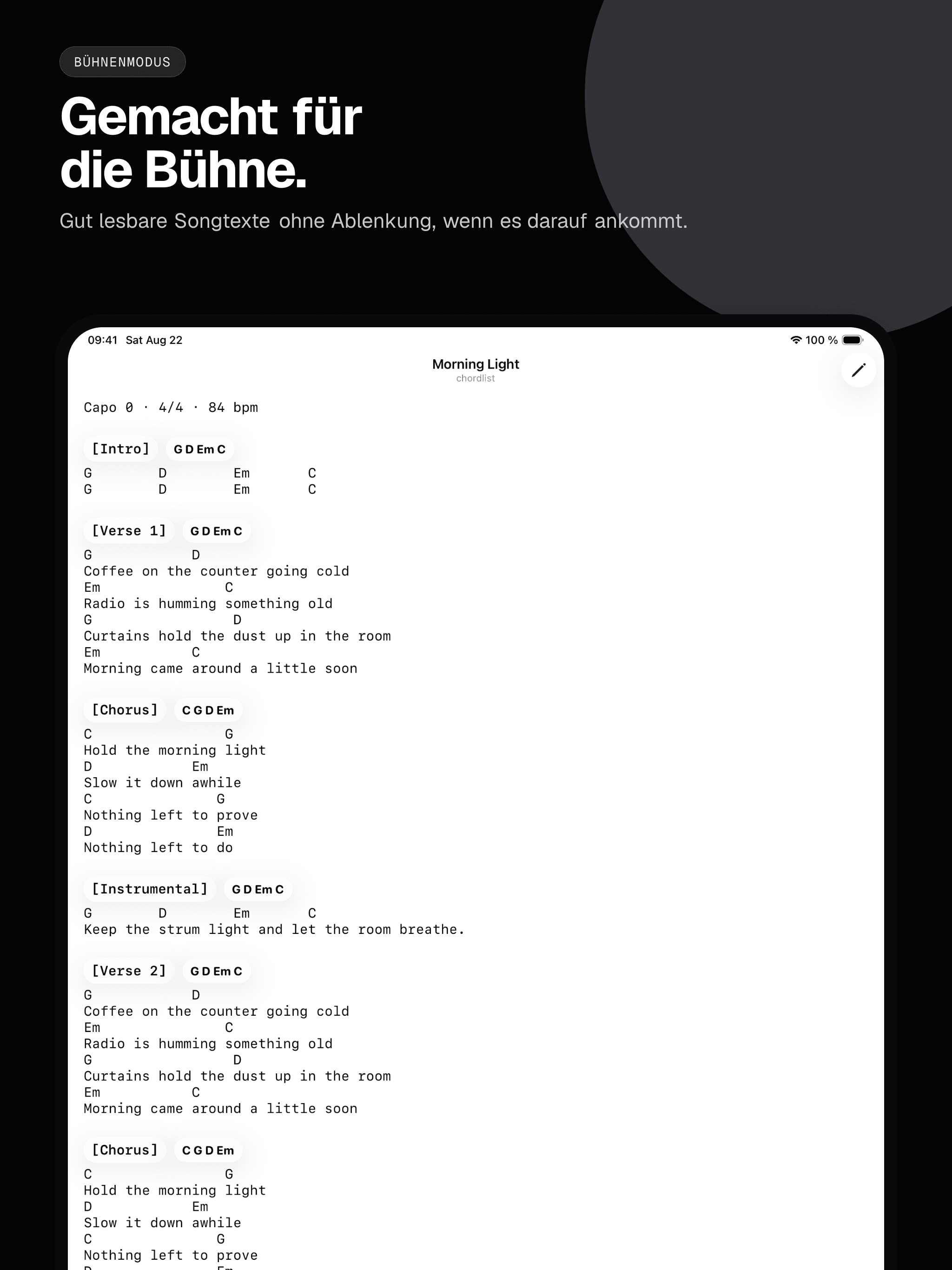 05 · Gemacht für die Bühne., from the German classic 13-inch iPad App Store screenshot set.