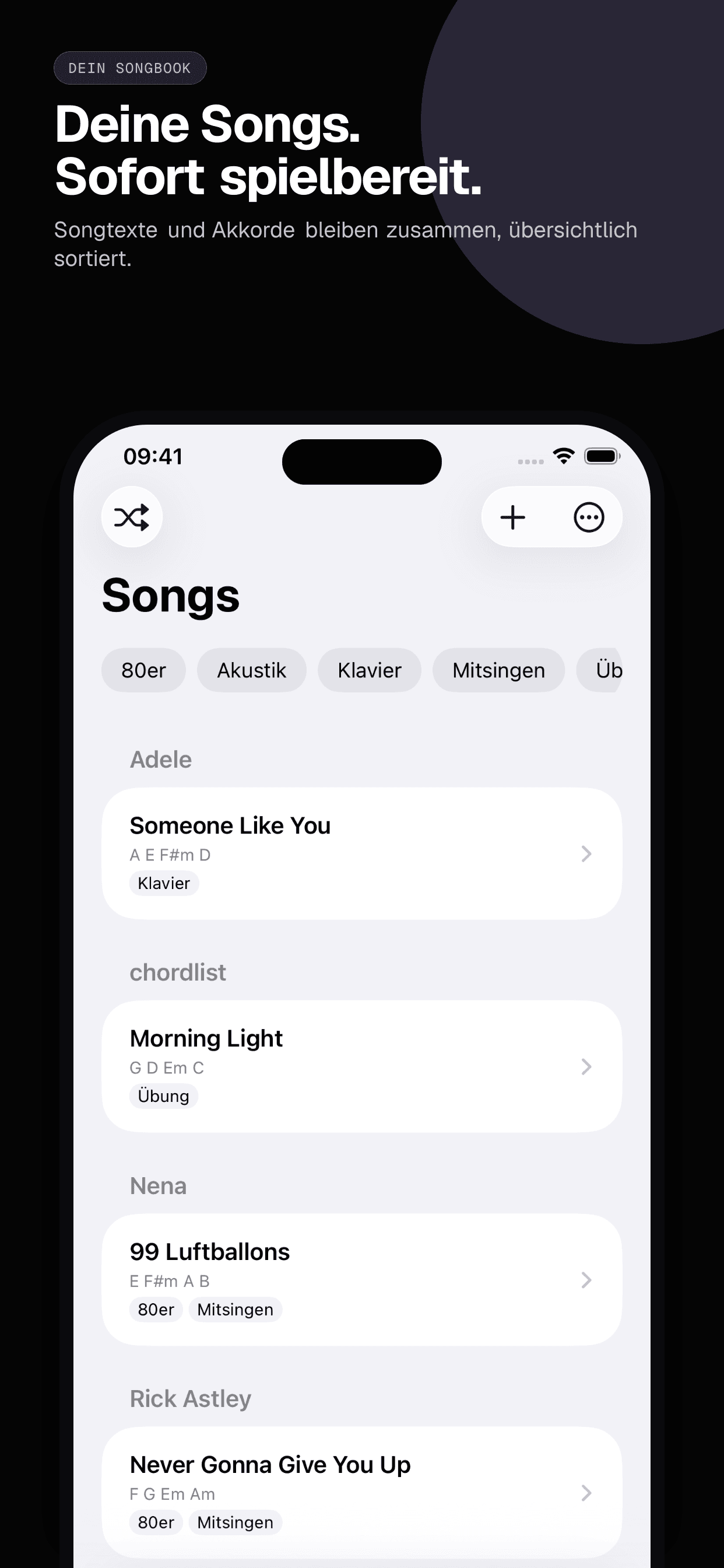 01 · Deine Songs. Sofort spielbereit., from the German classic 6.5-inch iPhone App Store screenshot set.
