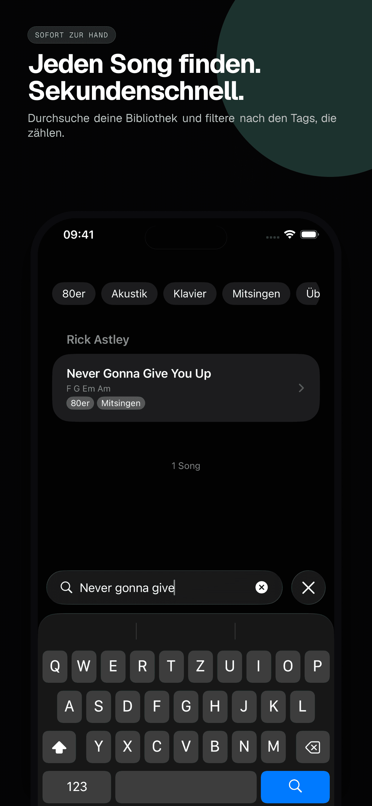 02 · Jeden Song finden. Sekundenschnell., from the German classic 6.5-inch iPhone App Store screenshot set.