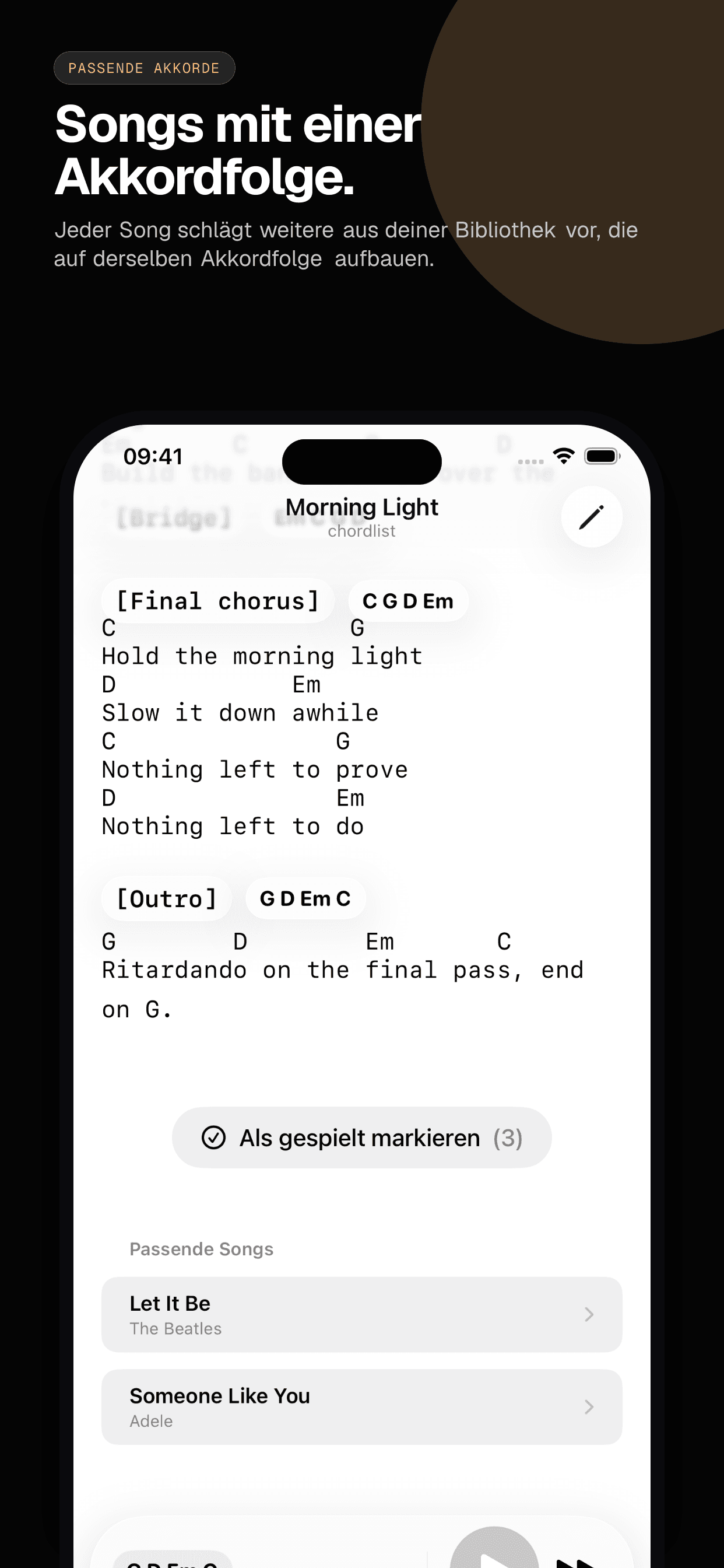 03 · Songs mit einer Akkordfolge., from the German classic 6.5-inch iPhone App Store screenshot set.