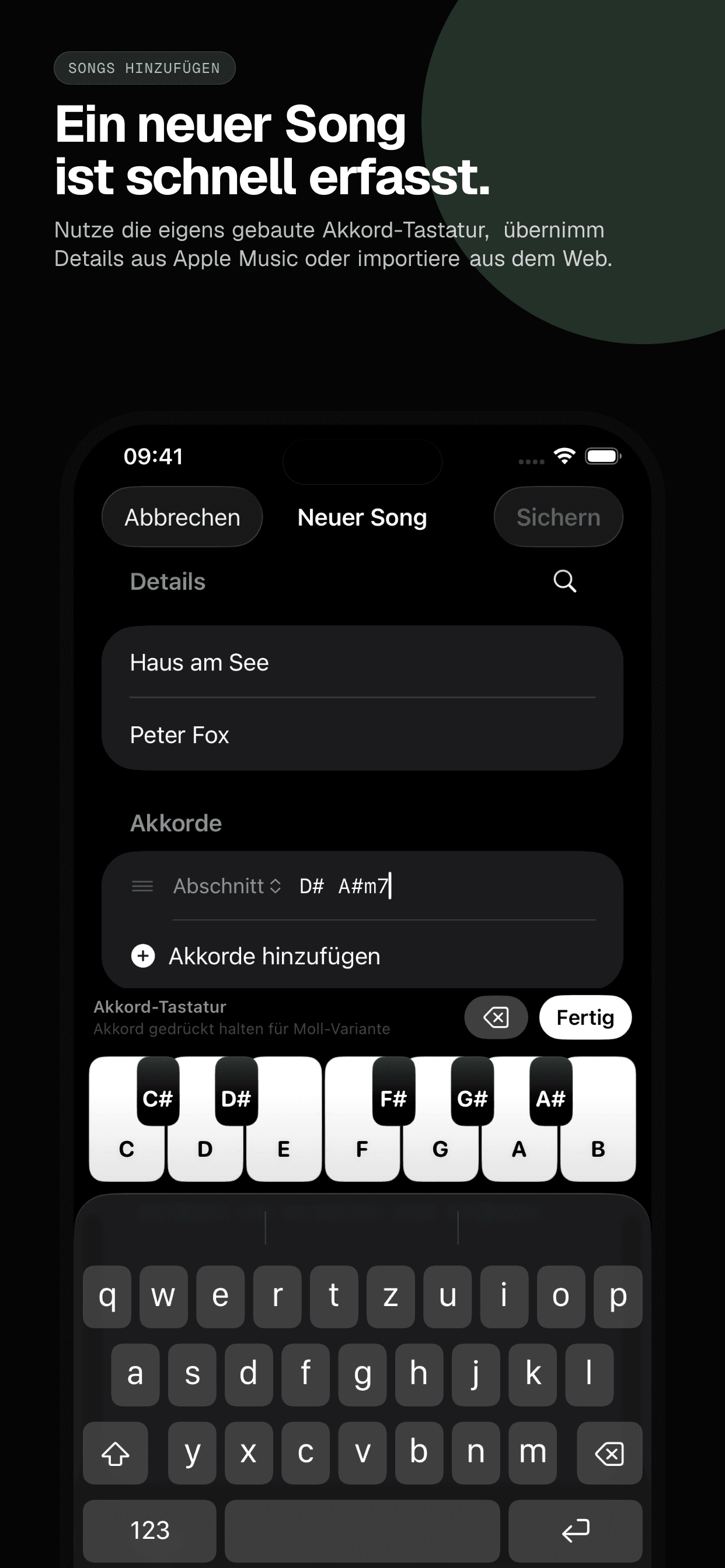 04 · Ein neuer Song ist schnell erfasst., from the German classic 6.5-inch iPhone App Store screenshot set.