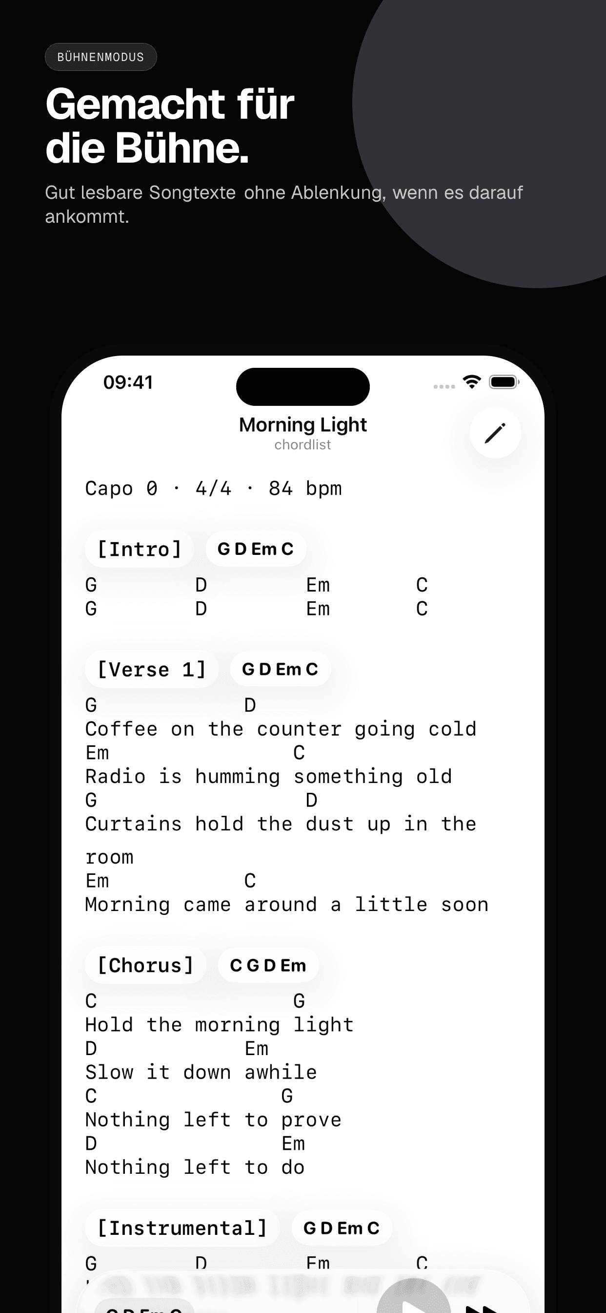 05 · Gemacht für die Bühne., from the German classic 6.5-inch iPhone App Store screenshot set.
