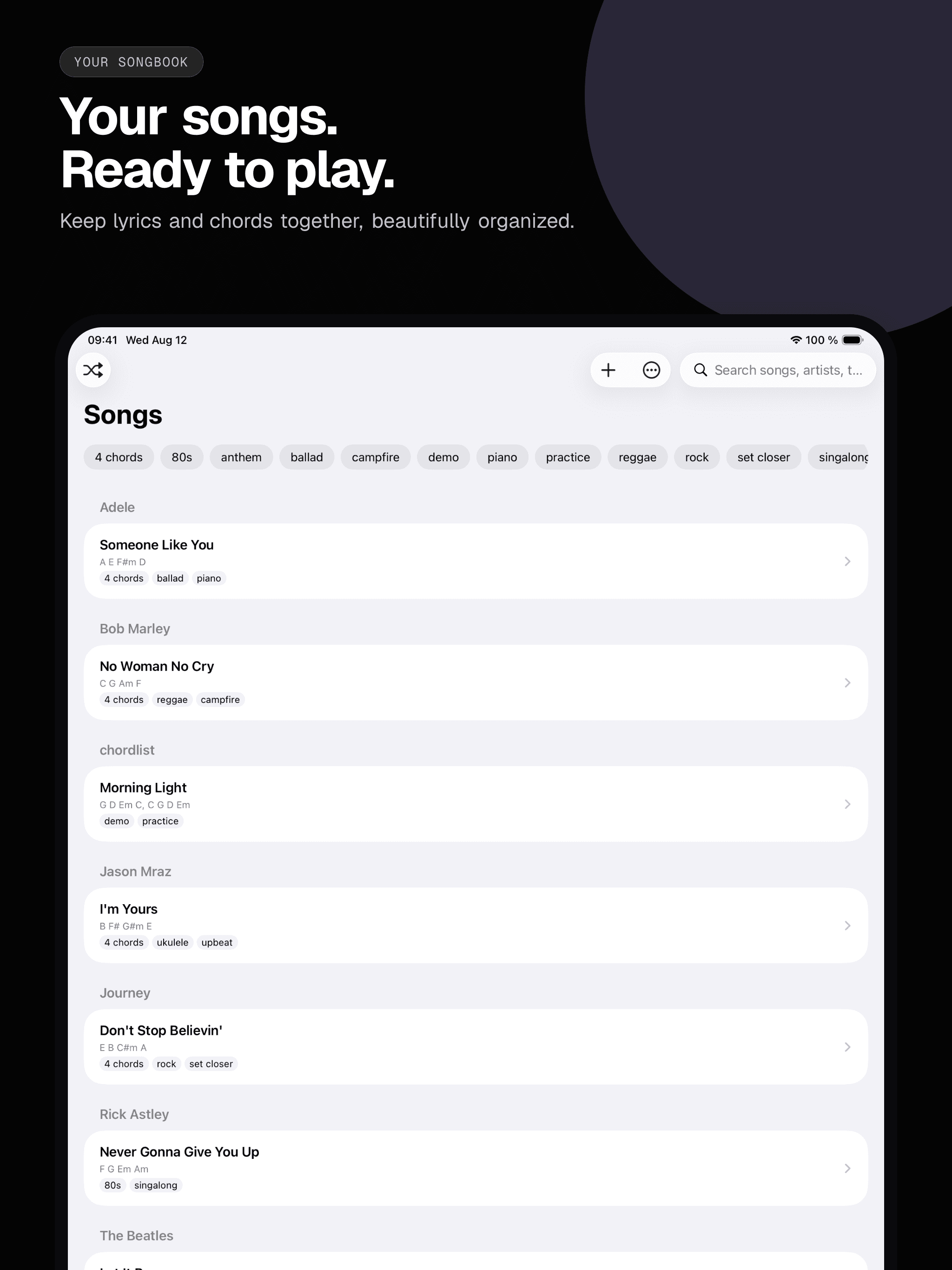 01 · Your songs. Ready to play., from the classic 13-inch iPad App Store screenshot set.