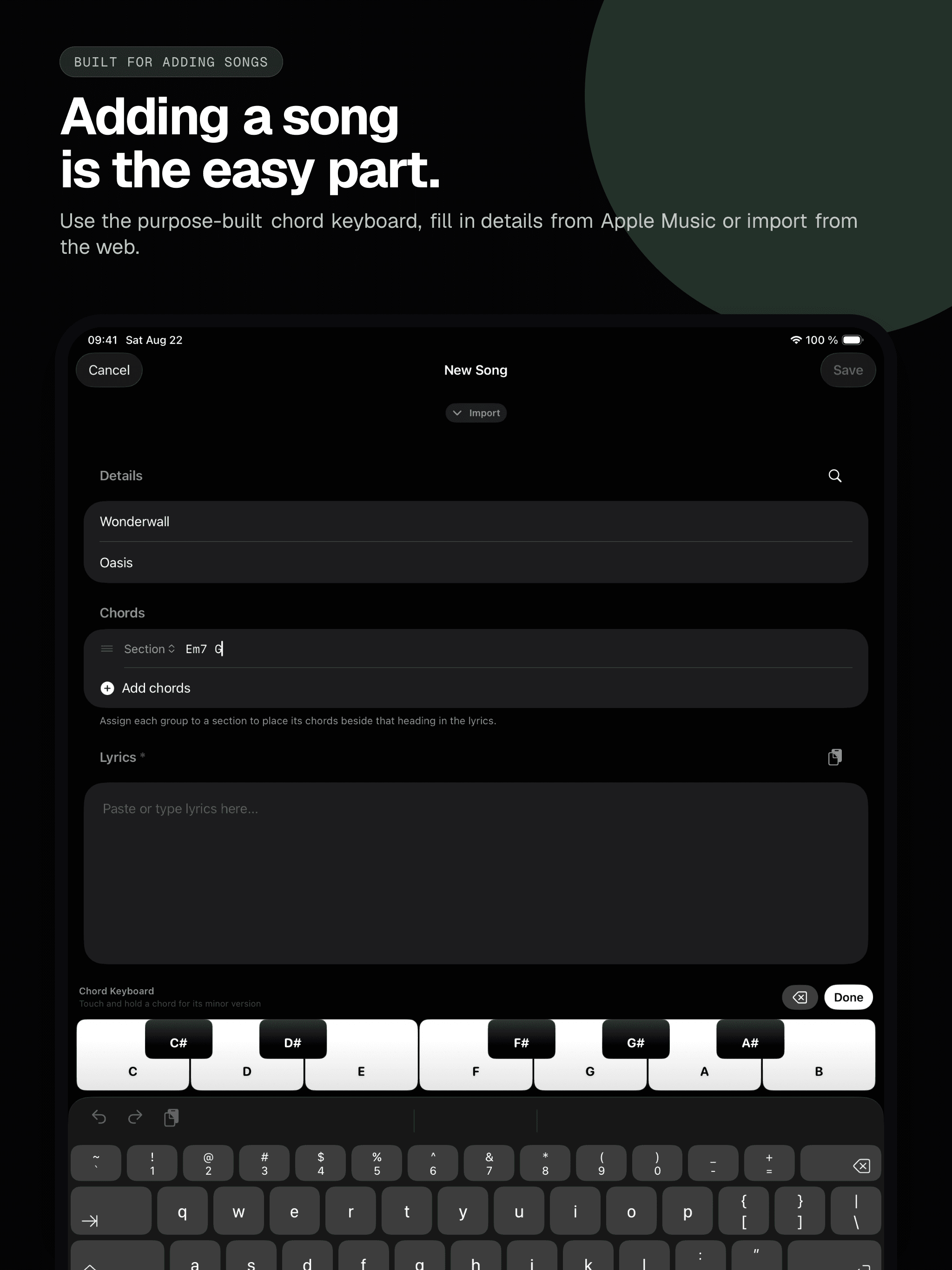 04 · Adding a song is the easy part., from the English classic 13-inch iPad App Store screenshot set.