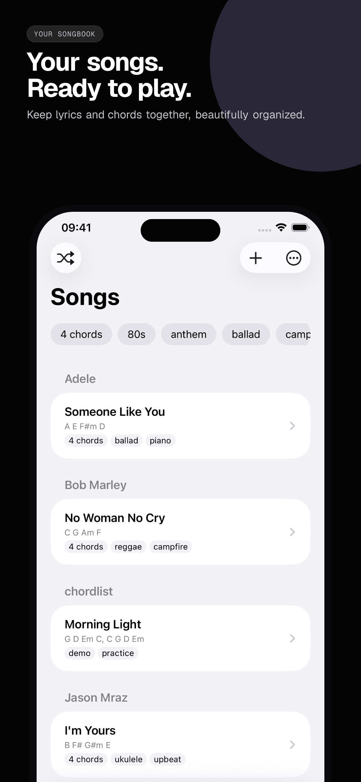 01 · Your songs. Ready to play., from the classic 6.5-inch iPhone App Store screenshot set.